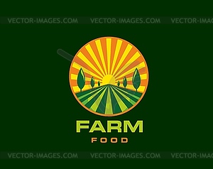 Agriculture farm field icon, landscape with sun - vector clipart