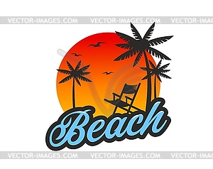 Tropical summer beach icon with palms and daybed - vector clipart