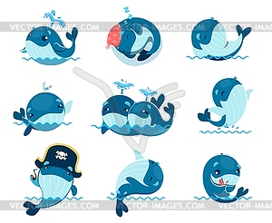 Cartoon cute kawaii whale characters, sea animals - vector image