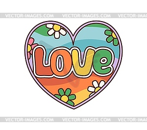 Cartoon retro groovy love heart with rainbow - vector clipart