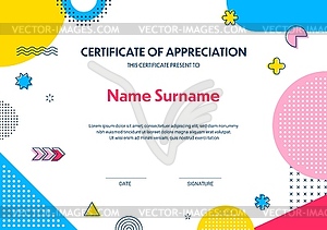Certificate template with geometric Memphis shapes - vector image
