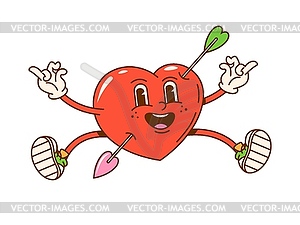 Cartoon groovy heart character pierced by arrow - vector image