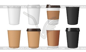 Реалистичные макеты кофейных бумажных стаканчиков, картонных кружек - изображение в векторном виде