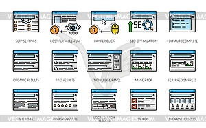 SERP icons, search engine result page, web content - vector clip art