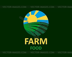 Agriculture farm field icon, sun, rural landscape - vector image