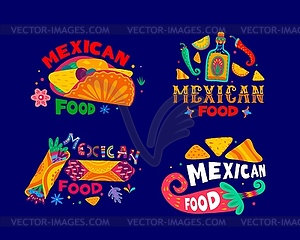 Mexican cuisine food lettering icons, Mexico dish - vector image