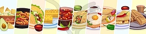 Мексиканский кулинарный коллаж, блюда техасско-мексиканской кухни, десерт, напитки - изображение в векторе / векторный клипарт