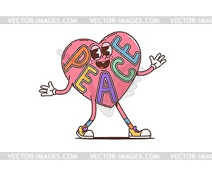 Cartoon peace heart groovy character, open arms - vector image