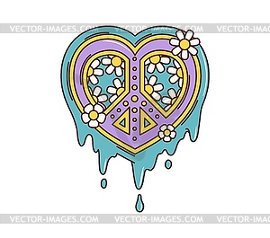 Cartoon retro groovy melting peace heart sign - vector image