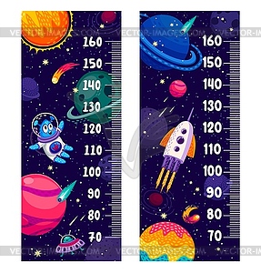 Kids height measure chart, space planets in galaxy - vector image