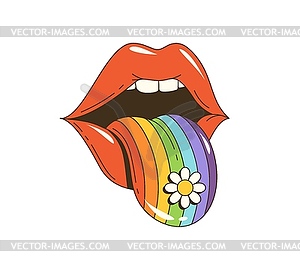 Cartoon groovy hippie woman lips, rainbow tongue - vector clipart