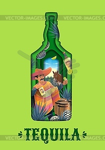 Tequila bottle paper cut banner, Mexican drink - vector image
