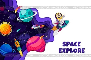 Space explore paper cut banner with kid astronaut - vector clipart