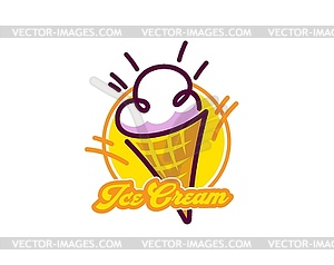 Gelato dessert or ice cream in waffle cone icon - vector image