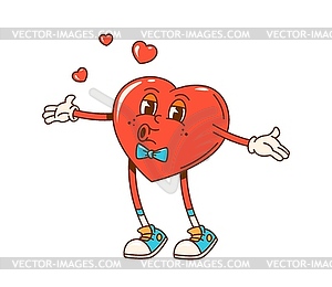 Retro groovy love heart character sending kisses - vector image