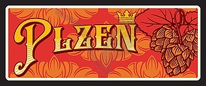 Plzen Czech region retro travel plate with hop - vector clip art