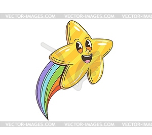 Cartoon retro groovy star character with rainbow - vector image