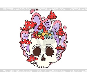 Retro groovy skull with hippie flowers, mushrooms - vector image
