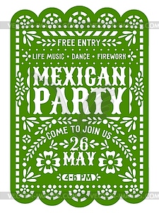 Mexican party flyer, papel picado paper cut banner - vector image