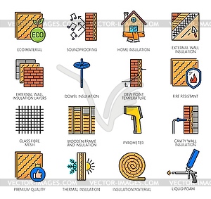 Значки для теплоизоляции стен, минеральная вата, инструменты - векторное изображение клипарта