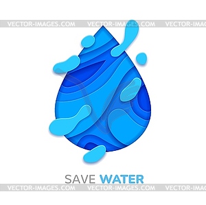 Blue water drop paper cut banner, environment, eco - vector clipart