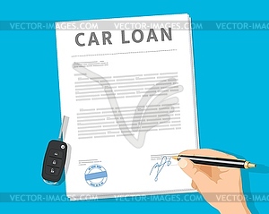 Car loan application. Hand signing paper document - vector clipart