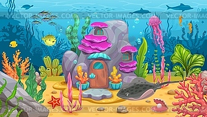 Underwater game landscape with fairytale house - vector clipart