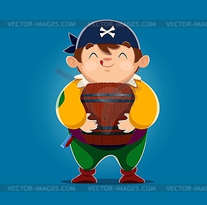 Cartoon kid boy pirate character with wood barrel - vector image