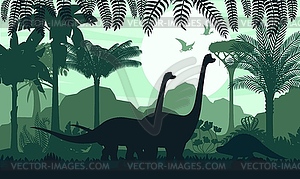 Prehistoric dinosaur silhouette in tropical forest - vector clip art
