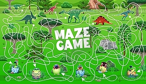 Kids labyrinth maze game, help dinosaurs find kids - vector clipart