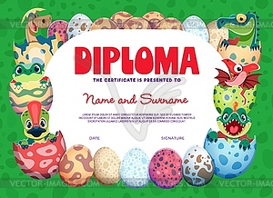 Kid diploma with funny prehistoric dino in eggs - vector clipart