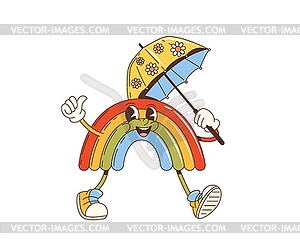 Cartoon groovy rainbow character with umbrella - vector image