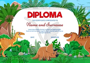 Kids diploma, cartoon dinosaurs in tropical jungle - vector image