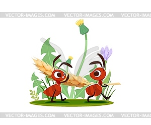 Мультяшные муравьи несут пшеничный колос, забавные персонажи - цветной векторный клипарт