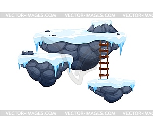 Arcade game rock platforms with ice, snow, ladder - vector clipart