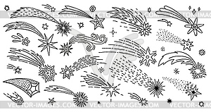 Doodle shooting stars, space comets, meteor trails - vector clipart