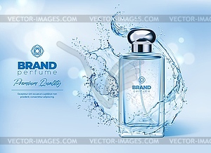 Perfume bottle with water splash background - vector clipart