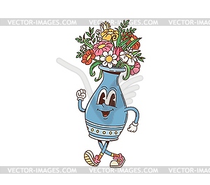 Cartoon retro groovy flowers vase funky character - vector image