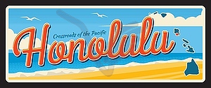 Honolulu american city, USA retro travel plate - vector clip art