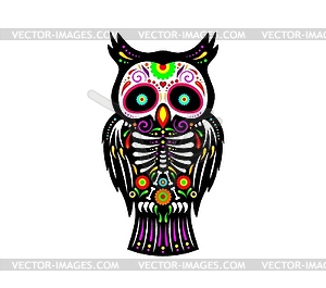 Mexican owl bird tattoo with skull, skeleton bones - color vector clipart