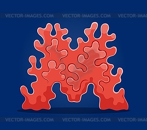 Sea animals in underwater font, letter M as coral - vector clipart