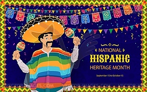 Man in poncho, sombrero national Hispanic heritage - vector image