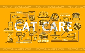 Cat pet care icons. Linear signs set - vector image