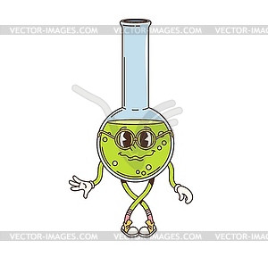 Retro groovy chemical flask character, fun science - vector clipart