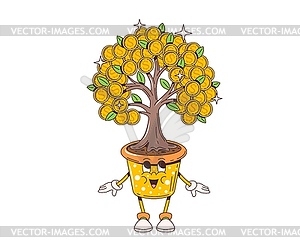 Cartoon retro groovy money tree with golden coins - vector clip art