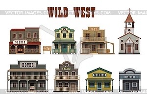 Wild West town cartoon buildings, Western houses - vector clip art