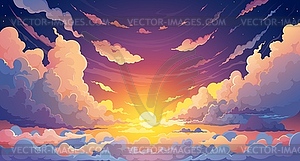 Sky anime sunset background, clouds and sunset sun - vector EPS clipart