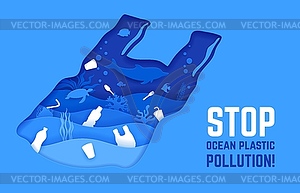 Polluted water, plastic waste on sea bottom - vector image