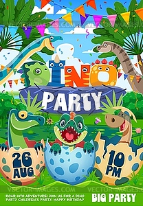 Kid dino party flyer with funny prehistoric dino - vector clipart