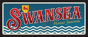Swansea city in Wales, retro travel plate - vector image